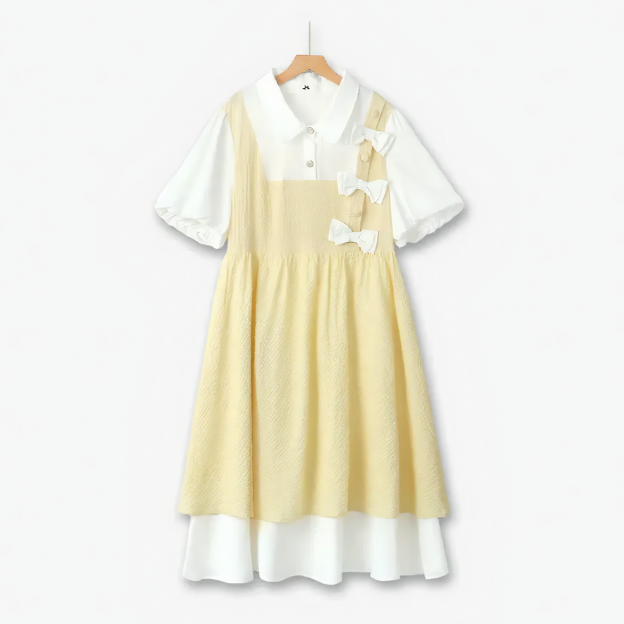 Sweet Bow Smocked Mock Two Piece Midi Dress - Yellow - 6XL - image 0