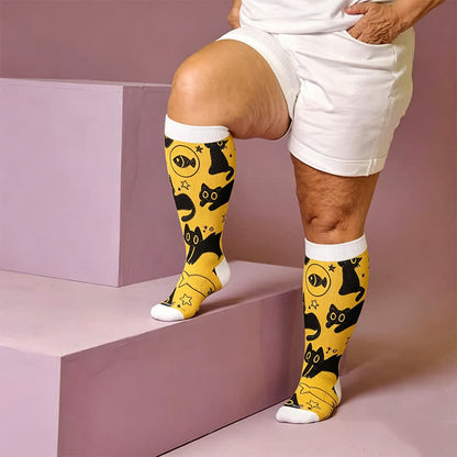 Plus Size Color Pop Cat Compression Socks - Yellow(1 Pair) - 4XL - image 1