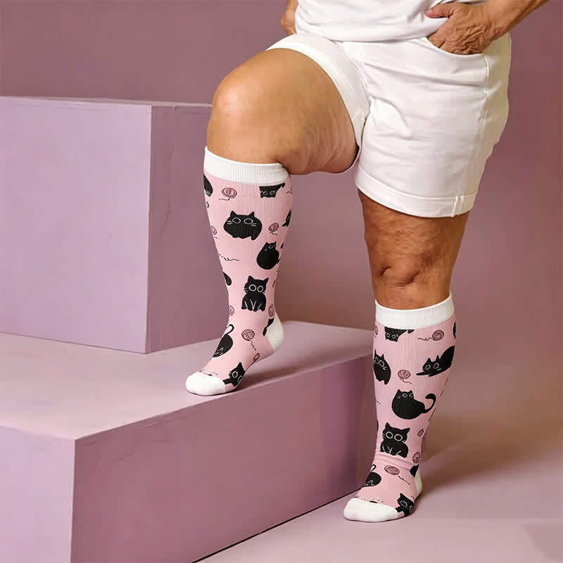 Plus Size Color Pop Cat Compression Socks - Pink(1 Pair) - 4XL - image 3