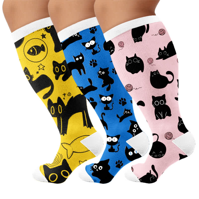 Plus Size Color Pop Cat Compression Socks - Multicolor(3 Pairs) - 4XL - image 4