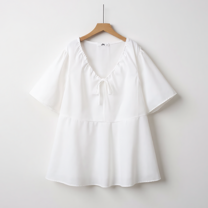 Plus-Size V Neck Tie-Neck Ruffle Peplum Blouse - White - 6XL - image 0