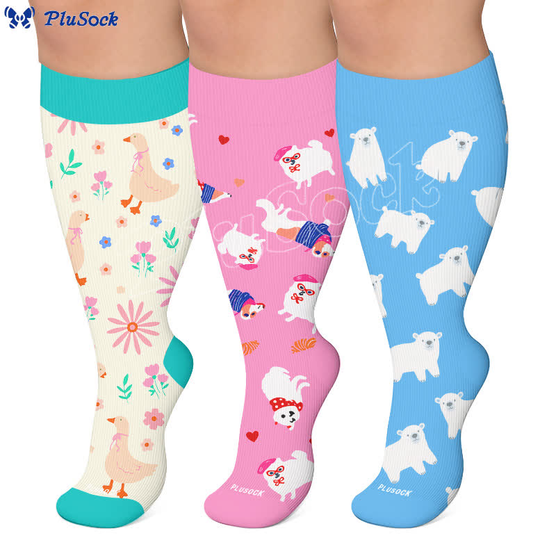 Plus Size Cartoon Flower & Animal Print Compression Socks - image 0
