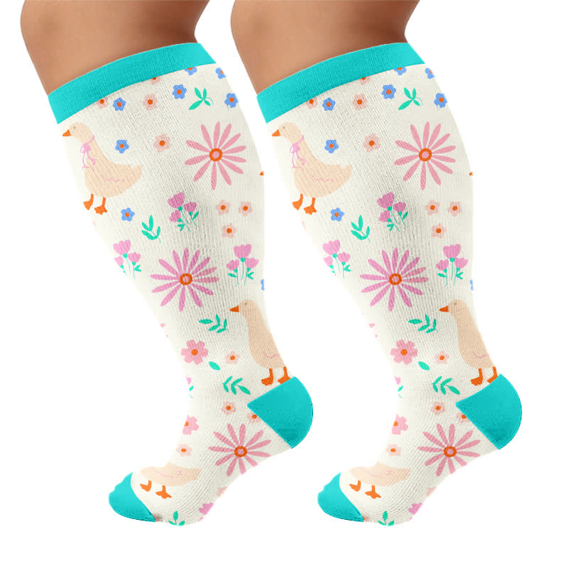 Plus Size Cartoon Flower & Animal Print Compression Socks - Green(1 Pair) - 4XL - image 8