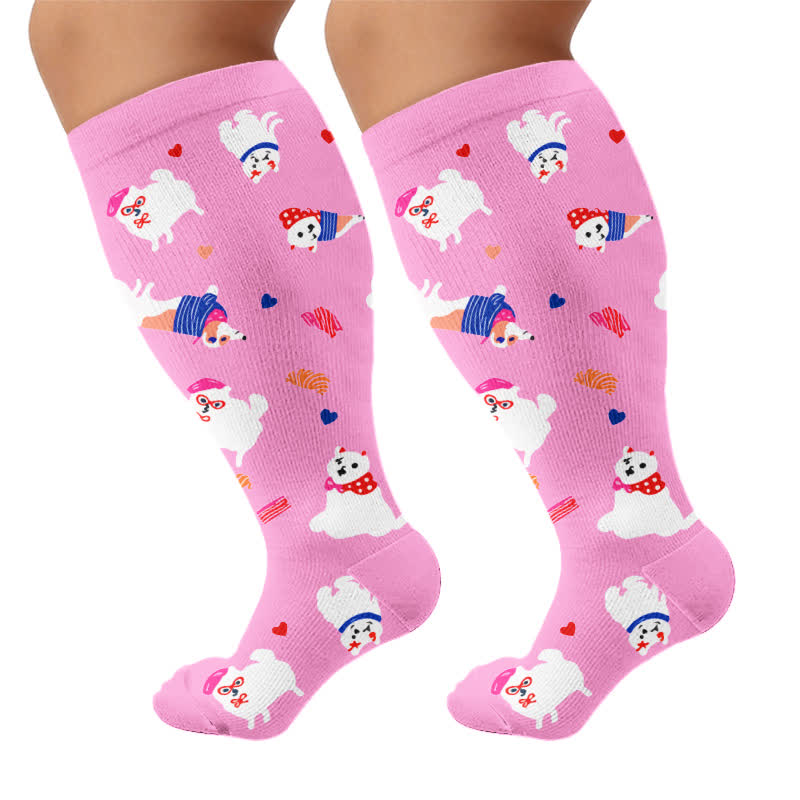 Plus Size Cartoon Flower & Animal Print Compression Socks - Pink(1 Pair) - 4XL - image 9