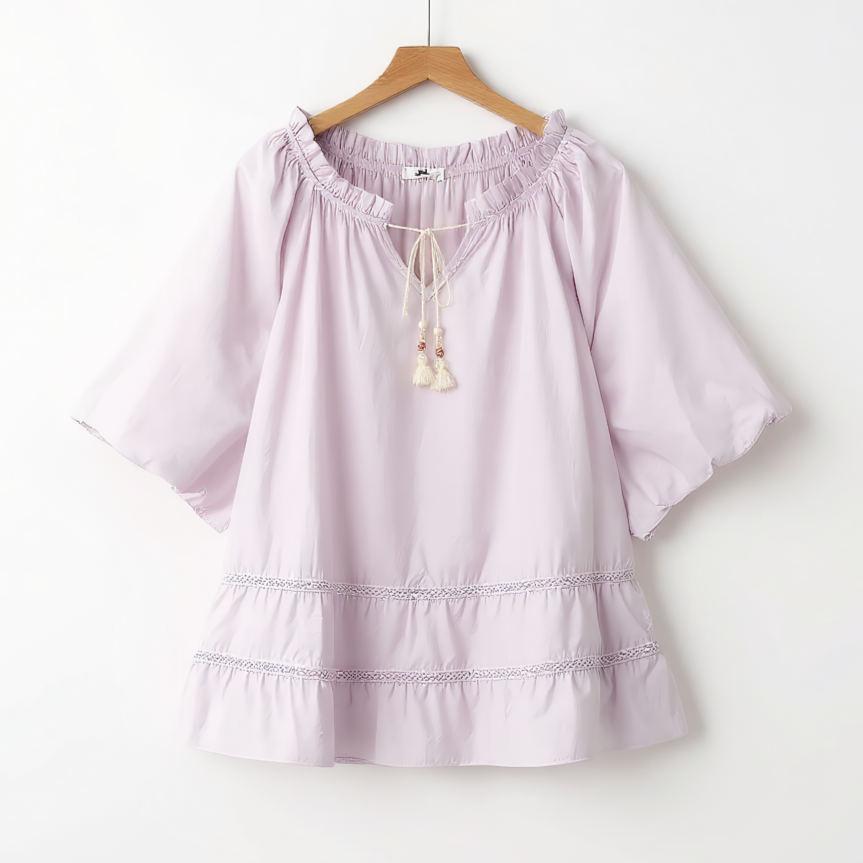 Plus Size Lavender Tassel Tie Boho Blouse - Purple - 6XL - image 0