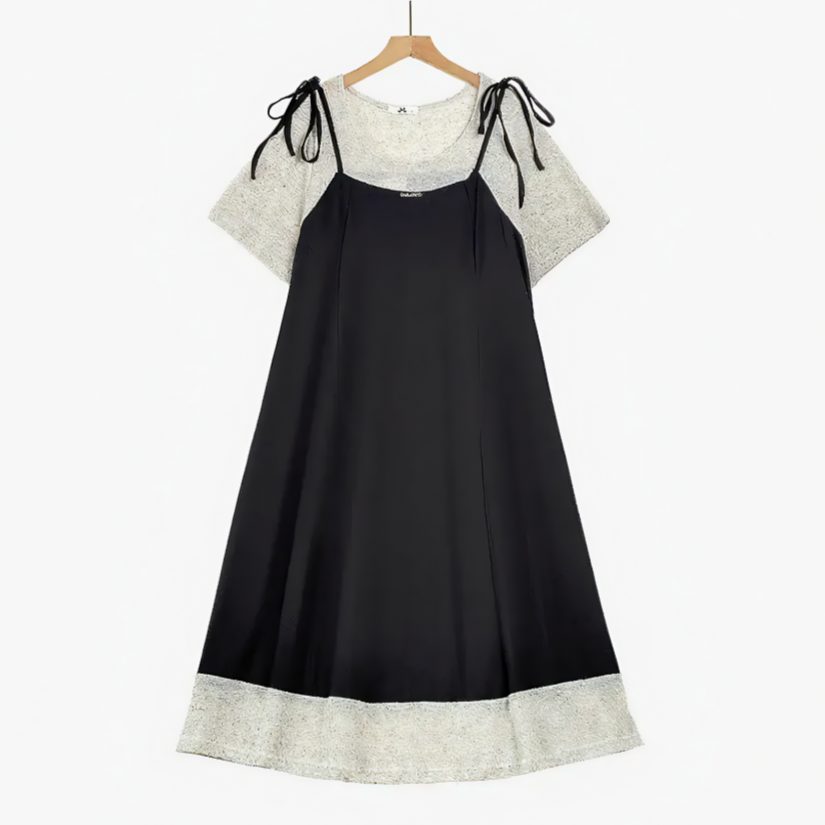 Plus Size Layered Tie Strap Midi Dress - Black - 6XL - image 0