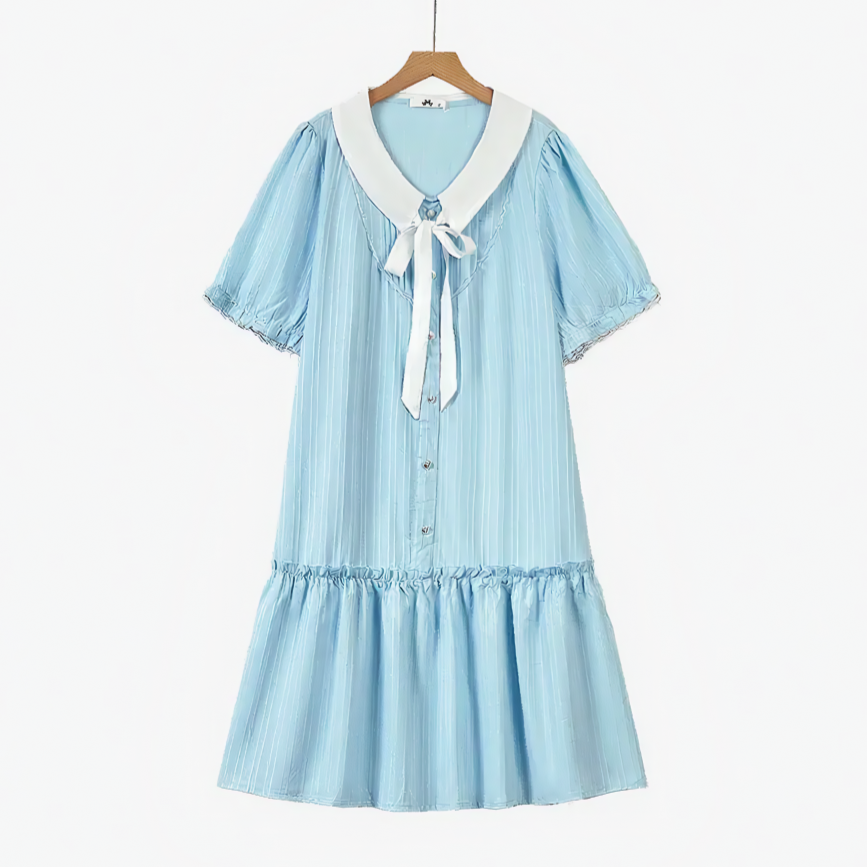 Plus Size Blue Contrast Collar Bow Tie Ruffle Hem Dress - Blue - 6XL - image 0