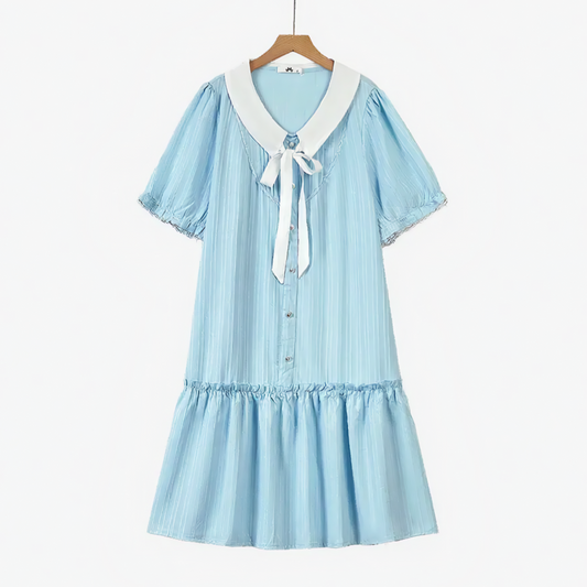 Plus Size Blue Contrast Collar Bow Tie Ruffle Hem Dress - Blue - 6XL - image 0