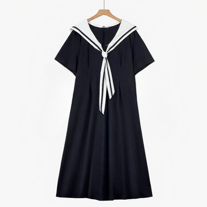 Plus Size Sailor Collar Cotton Blend Midi Dress - Black - 6XL - image 0