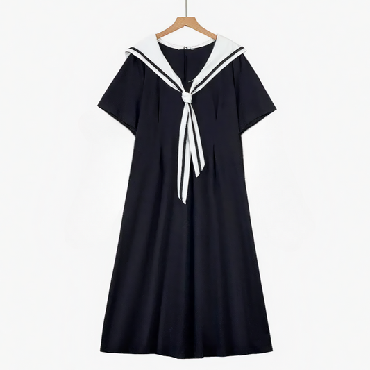 Plus Size Sailor Collar Cotton Blend Midi Dress - Black - 6XL - image 0