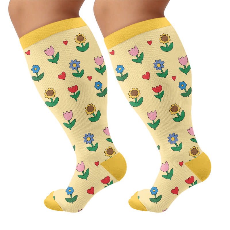 Plus Size Pastel Daisy Compression Socks - Yellow - 4XL - image 9