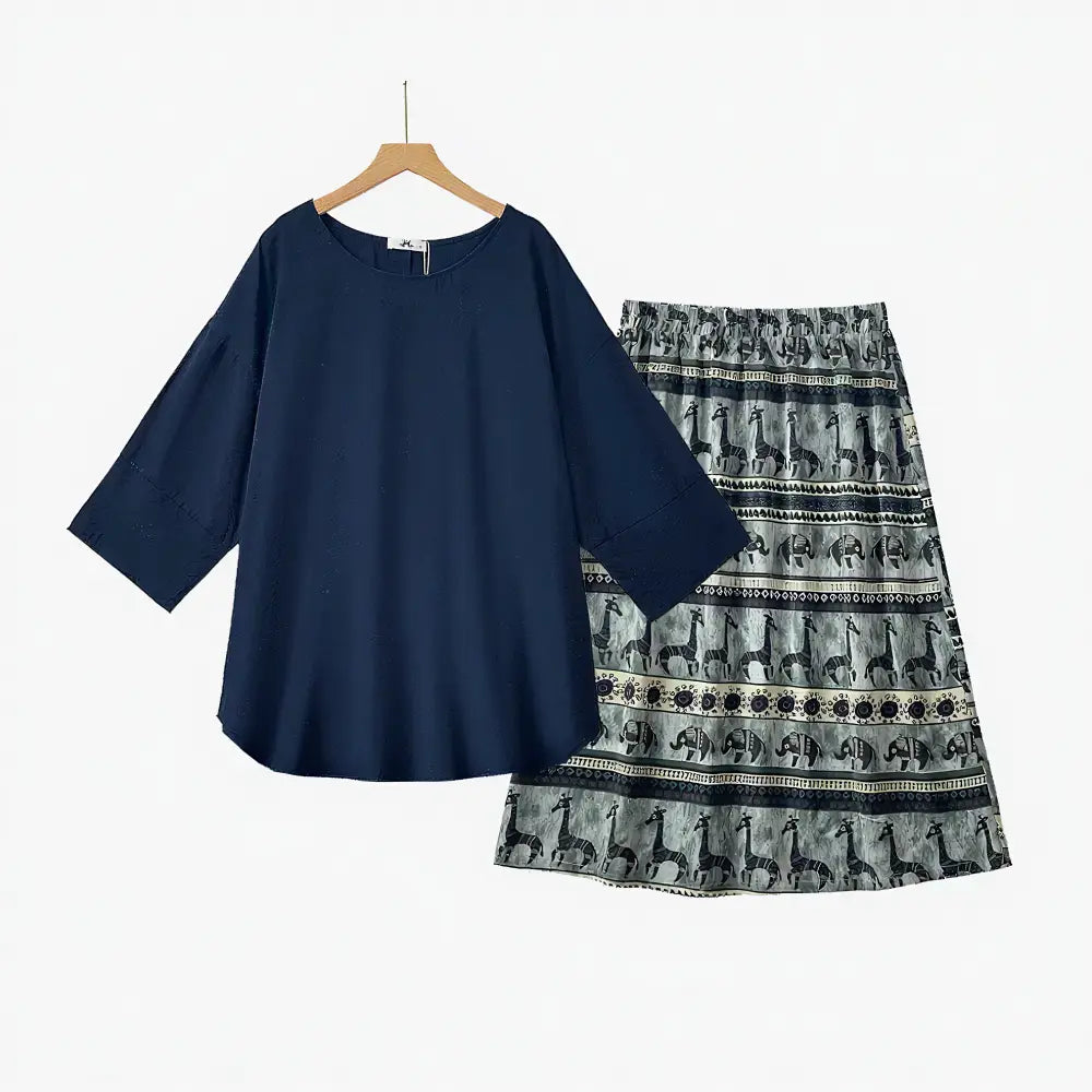 Plus Size Navy Top Animal Print Dress Set - 2Pcs Set - 6XL - image 0
