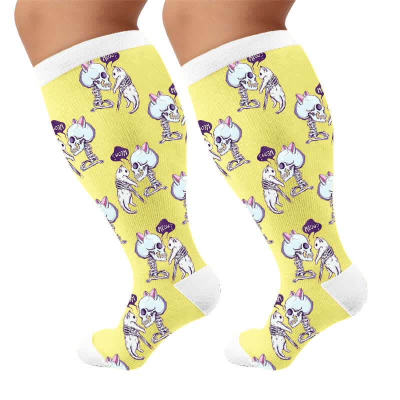Plus Size Skull Moon Cat Compression Socks - Yellow(1 Pair) - 4XL - image 10