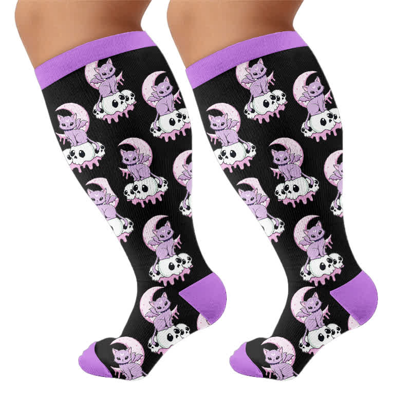 Plus Size Skull Moon Cat Compression Socks - Black(1 Pair) - 4XL - image 8