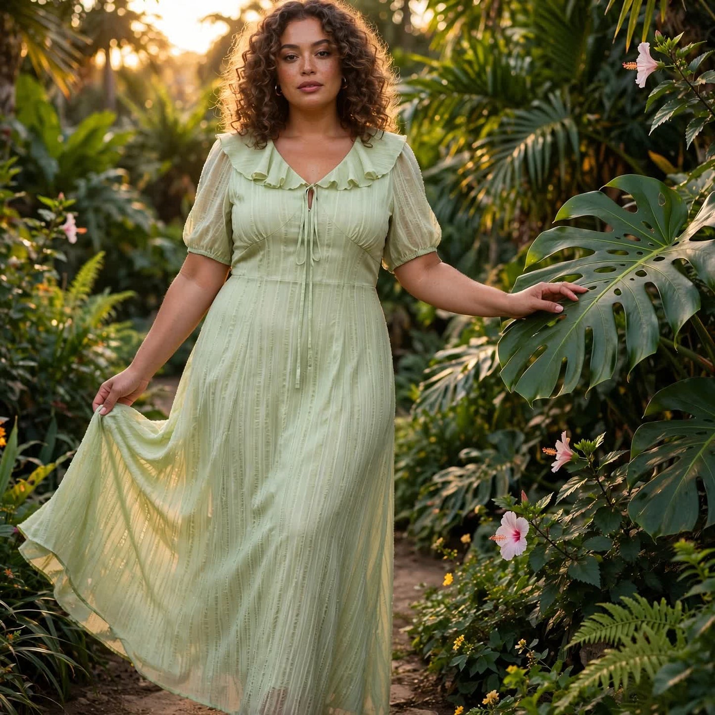 Romantic Frill Collar Puff Sleeve Maxi Dress - Green - 6XL - image 6