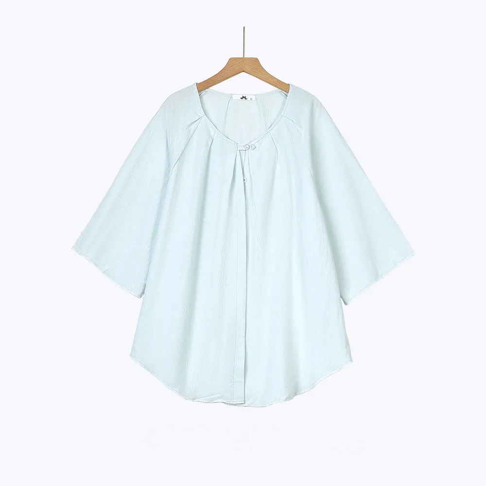 Plus Size Solid Loose Cotton Linen Top Skirt With Pockets Set - Blouse - Blue - 6XL - image 18