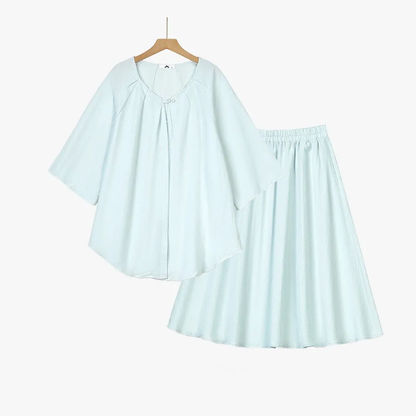 Plus Size Solid Loose Cotton Linen Top and Skirt Set - 2Pcs Set - Blue - 6XL - image 1