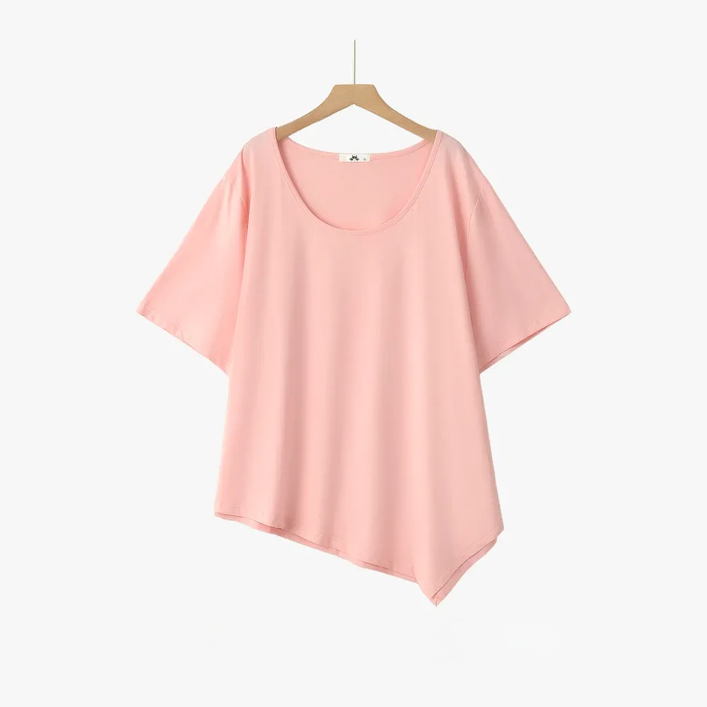 Plus Size Asymmetric Hem Cotton Blouse - Pink - 6XL - image 1