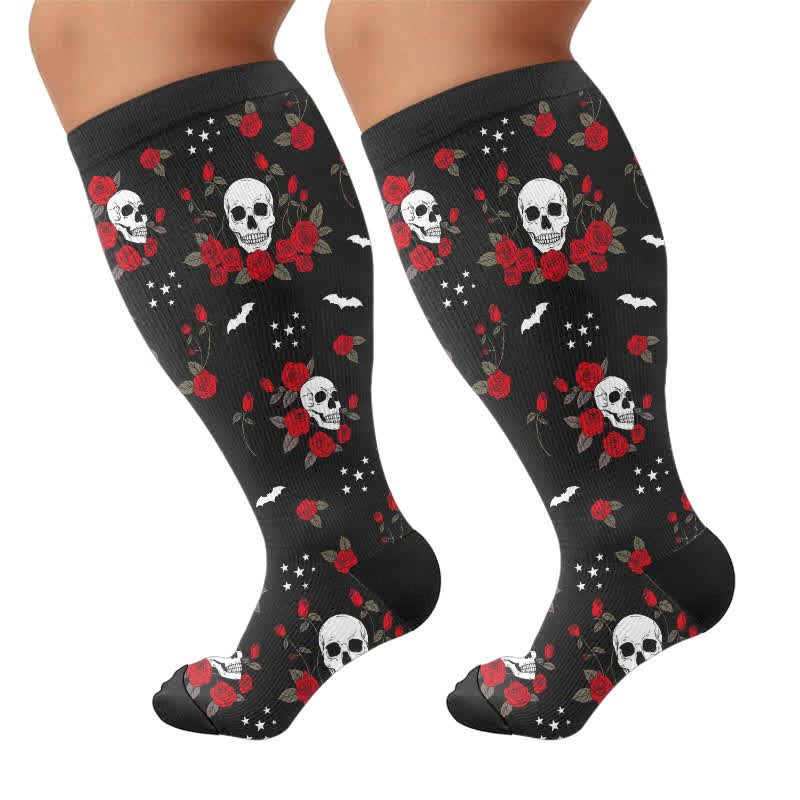 Plus Size Midnight Skull Floral Compression Socks - Black - 4XL - image 9