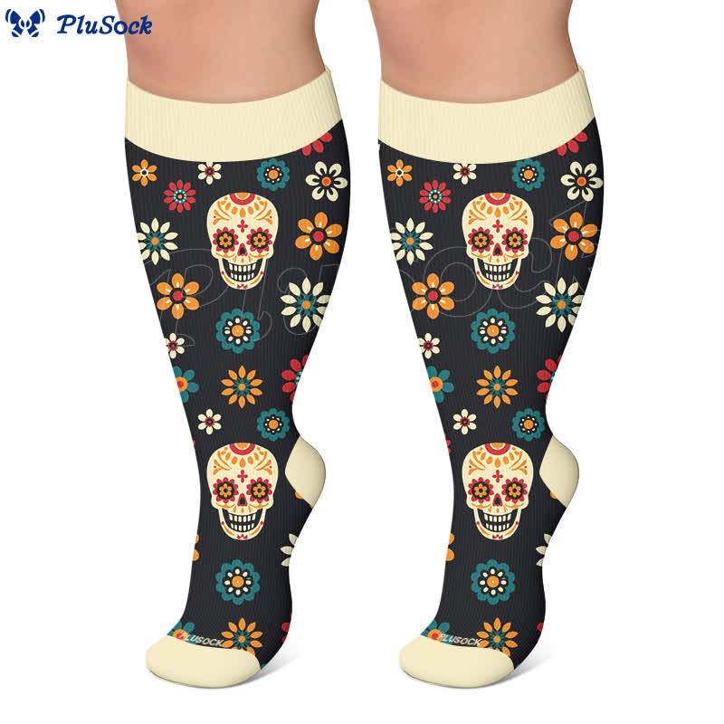 Plus Size Midnight Skull Floral Compression Socks - image 7