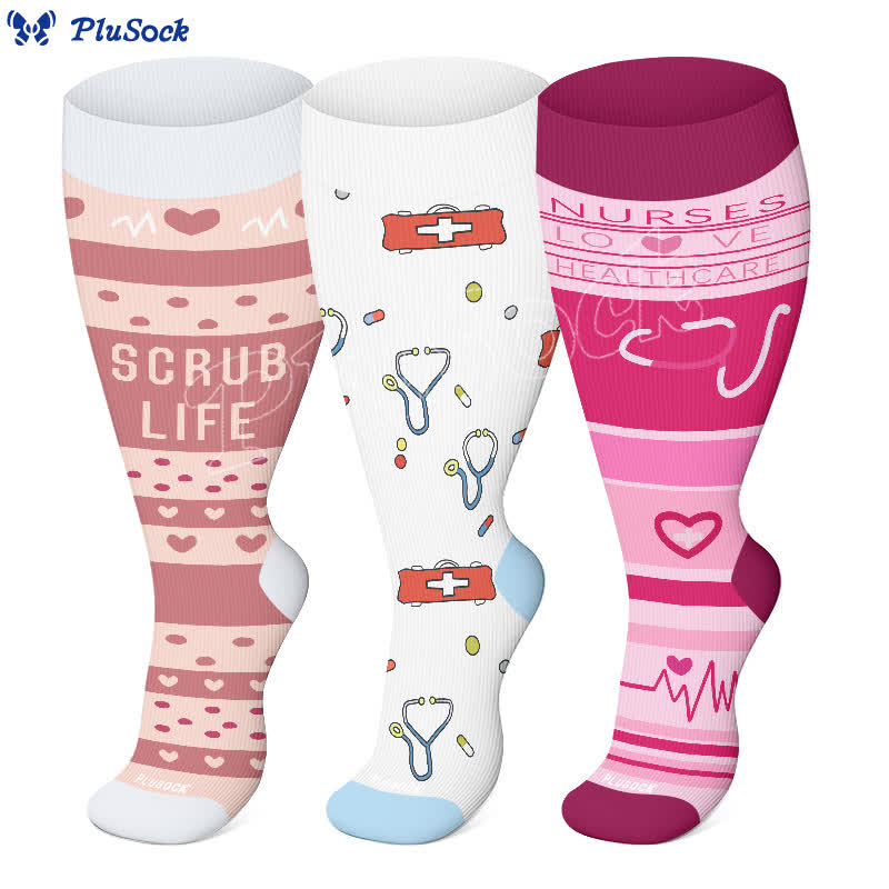 Plus Size Nurse Print Compression Socks(3 Pairs) - image 0