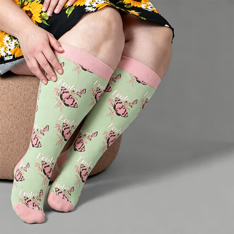 Plus Size Tulip Bloom Compression Socks - Green(1 Pair) - 4XL - image 2
