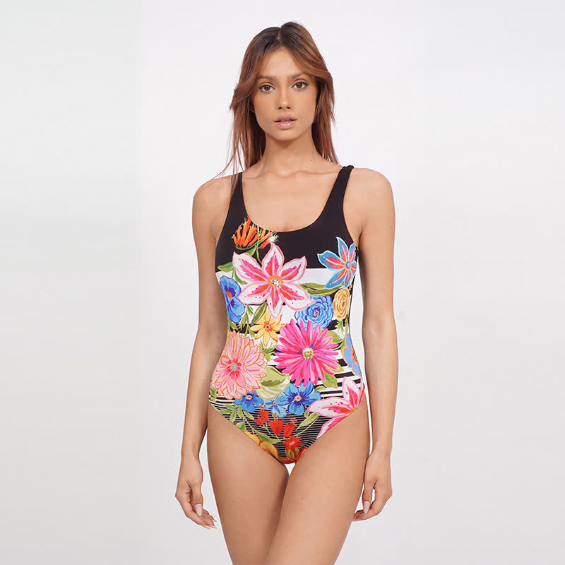 Multi Flower Tiger Rabbit Print Wide Strap One-Piece Swimsuit - Black - 4XL - image 2