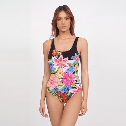 Multi Flower Tiger Rabbit Print Wide Strap One-Piece Swimsuit - Black - 4XL - image 2