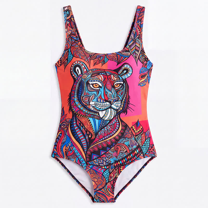 Multi Flower Tiger Rabbit Print Wide Strap One-Piece Swimsuit - image 16