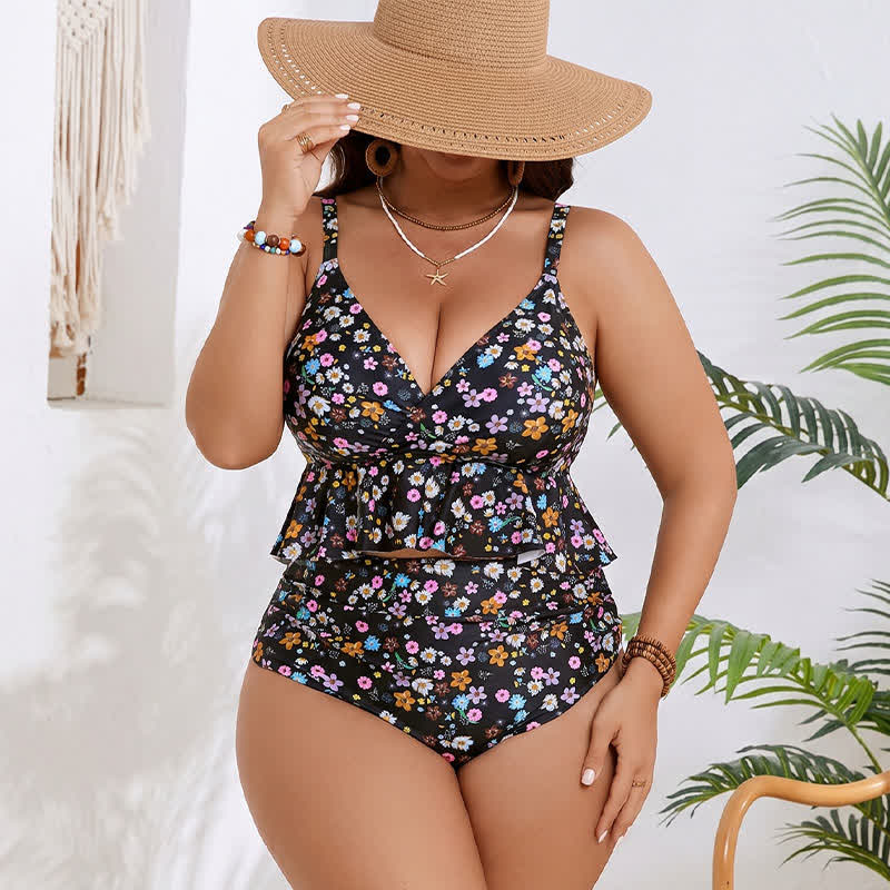Black Floral Peplum Tankini Set - image 1