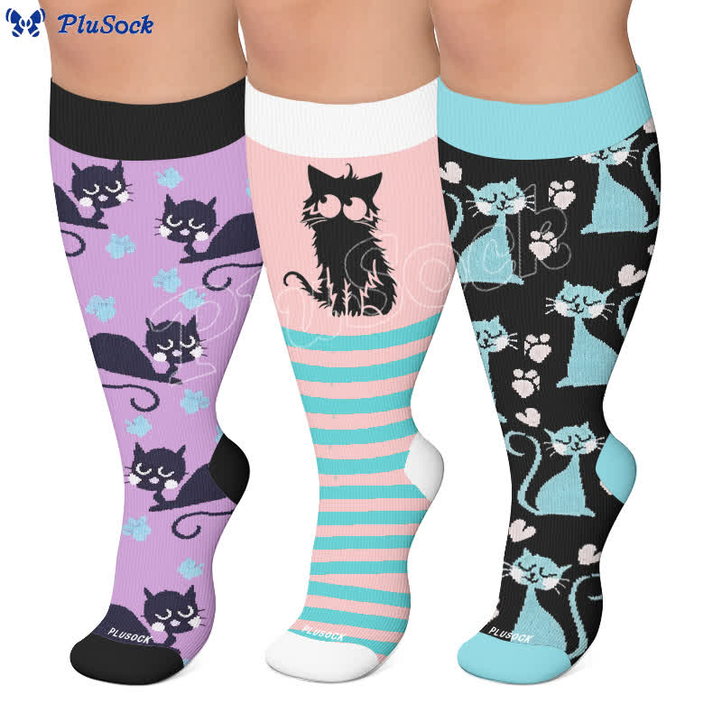 Plus Size Pink Stripe Cat Compression Socks - image 0