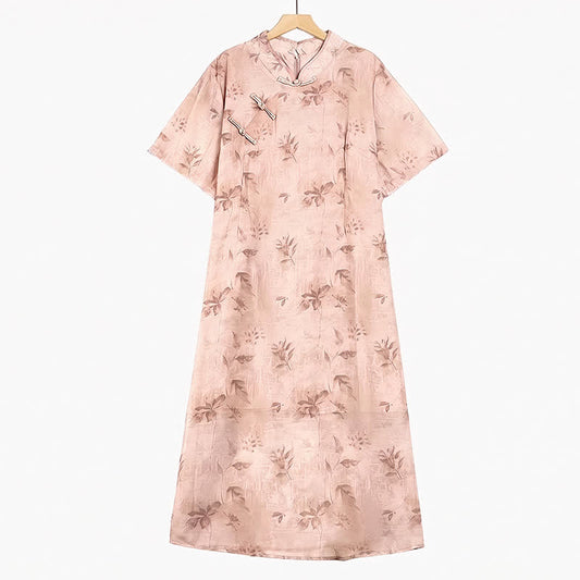 Floral Mandarin Collar Qipao Inspired Midi Dress - Pink - 6XL - image 0