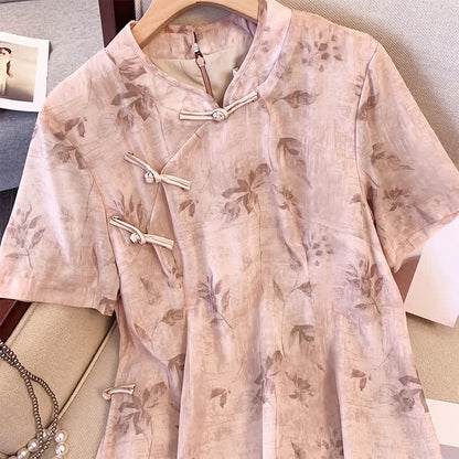Floral Mandarin Collar Short Sleeve Midi Dress - image 1