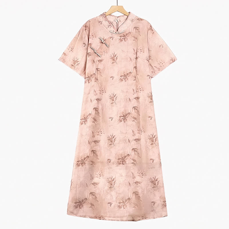 Floral Mandarin Collar Short Sleeve Midi Dress - Pink - 6XL - image 0