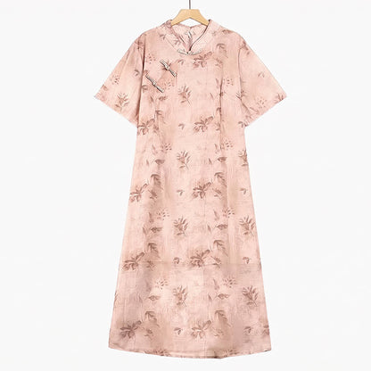 Floral Mandarin Collar Short Sleeve Midi Dress - Pink - 6XL - image 0