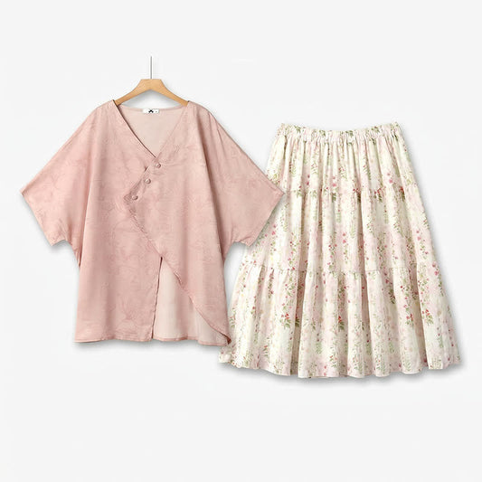Plus Size Batwing Sleeve Blouse Floral Tiered Midi Skirt Set - 2Pcs Set - 6XL - image 0