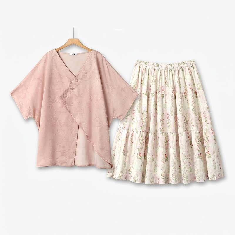 Plus Size Batwing Sleeve Blouse Floral Tiered Midi Skirt Set - 2Pcs Set - 6XL - image 0