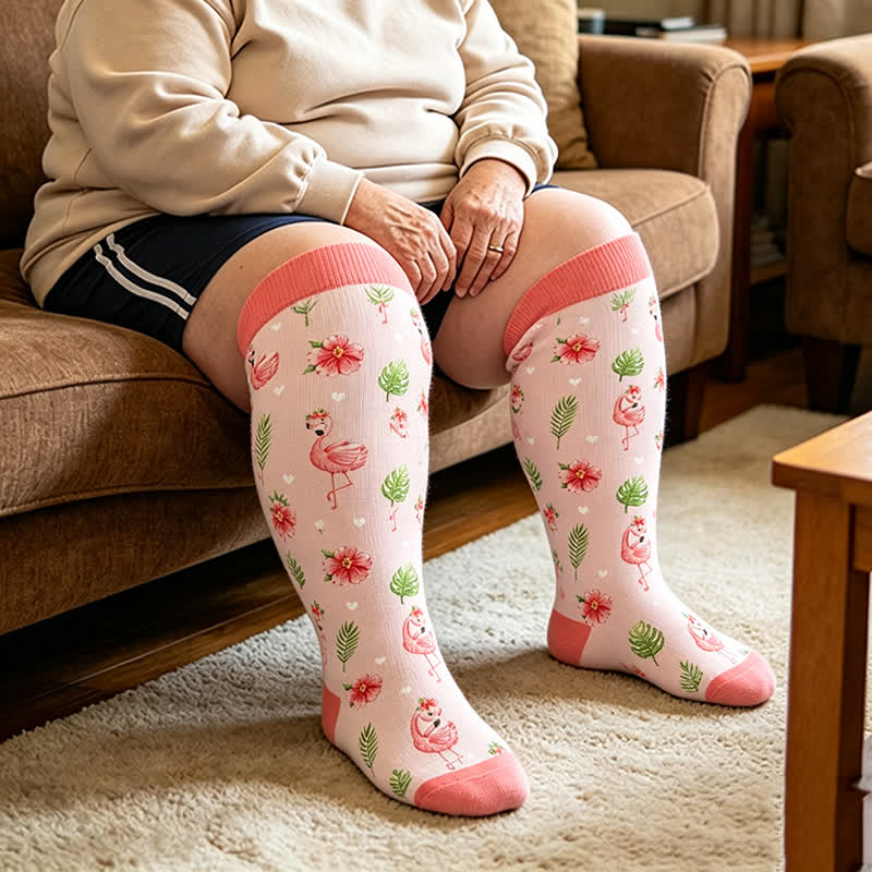 Plus Size Flamingo Stripe Compression Socks - Red - 4XL - image 1