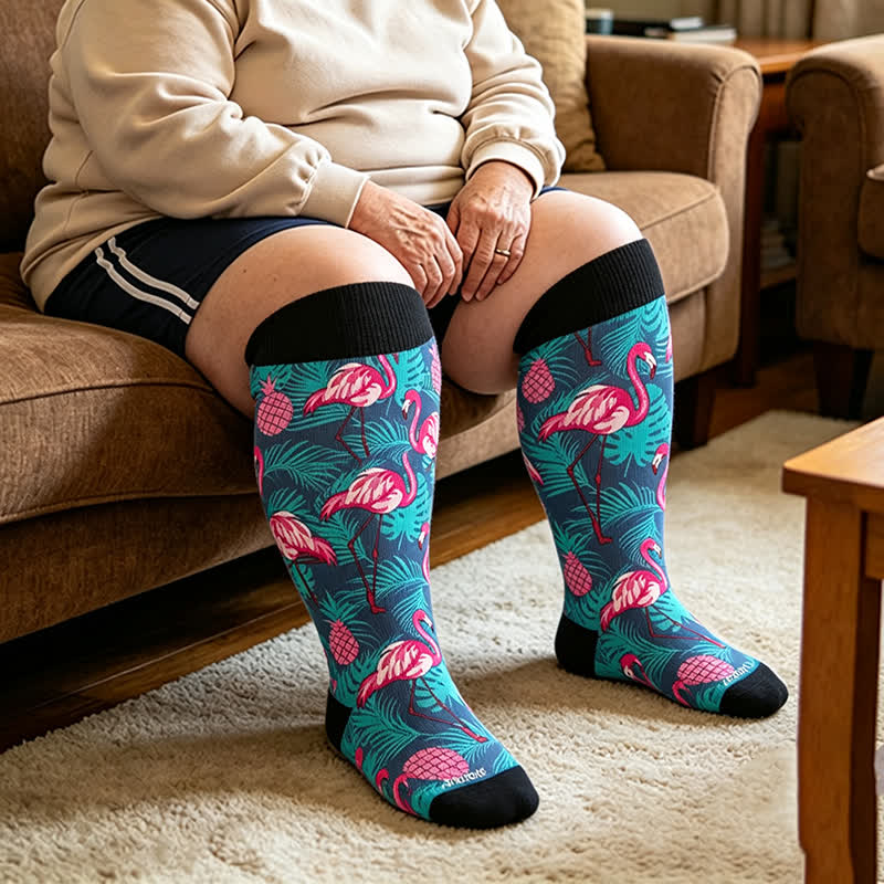 Plus Size Flamingo Stripe Compression Socks - Blue - 4XL - image 3