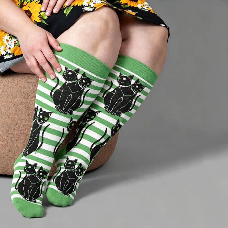 Plus Size Green Cat Stripe Compression Socks - Green - 4XL - image 3