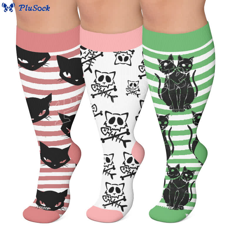 Plus Size Green Cat Stripe Compression Socks - image 0