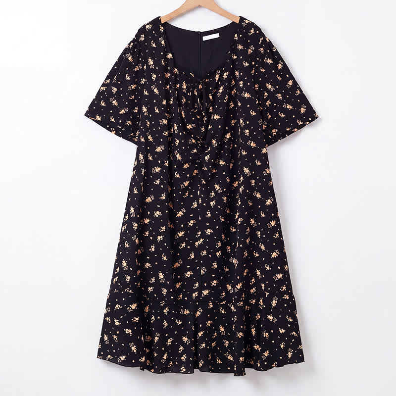 Plus Size Ditsy Floral Tie Neck Ruffle Hem Midi Dress - Black - 6XL - image 0