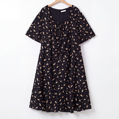 Plus Size Ditsy Floral Tie Neck Ruffle Hem Midi Dress - Black - 6XL - image 0