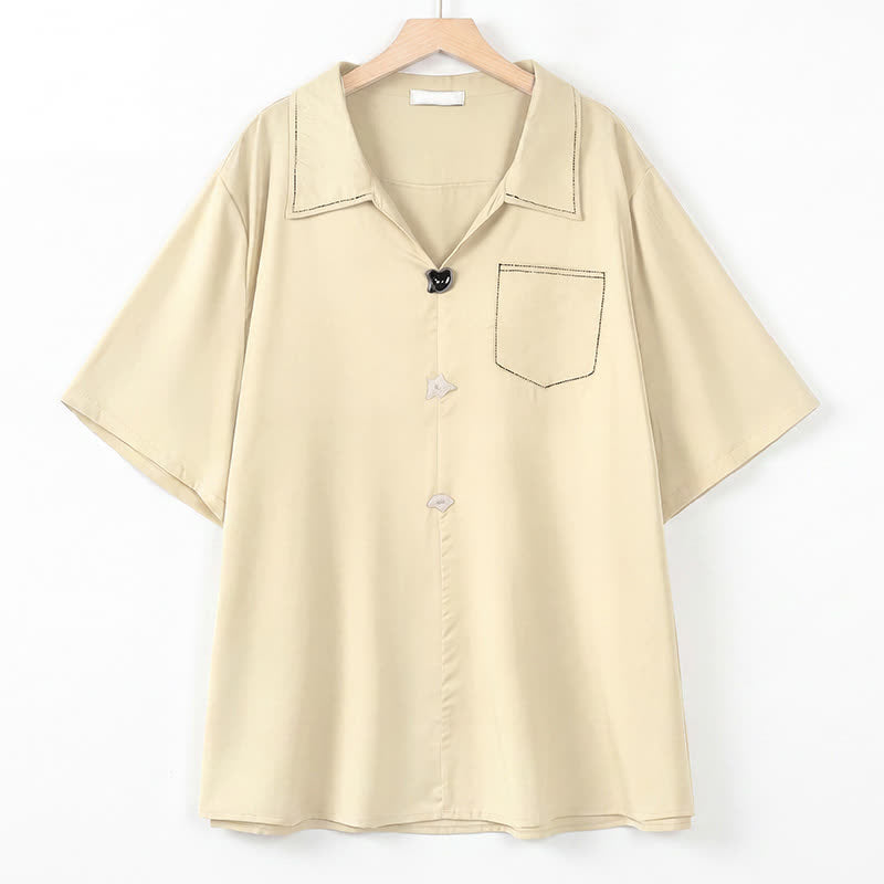 Plus Size Contrast Stitch Camp Collar Shirt Blouse - Apricot - 4XL - image 7