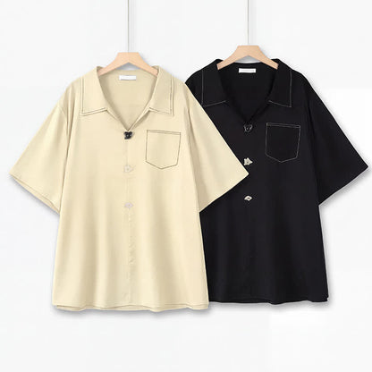 Plus Size Contrast Stitch Camp Collar Shirt Blouse - image 0