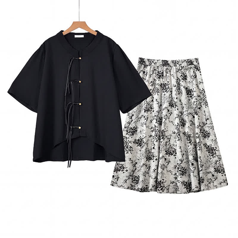 Plus Size Ink Floral Knot Detail Top And Skirt Set - 2Pcs Set - 6XL - image 0