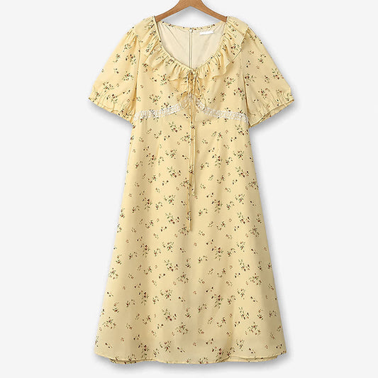 Plus Size Vintage Ditsy Floral Tie Neck Midi Dress - Yellow - 6XL - image 0