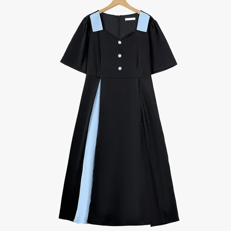Plus Size Daily Loose Puff Short Sleeve Midi Dress - Black - 6XL - image 0