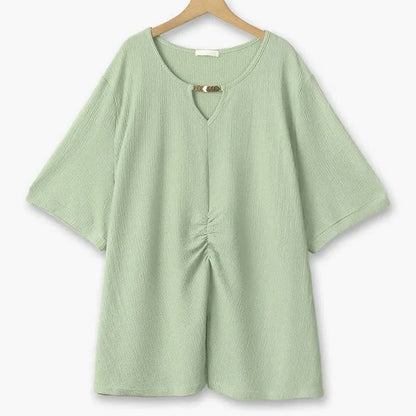 Plus Size Textured Keyhole Neck Gathered Tunic Top - Green - 6XL - image 6