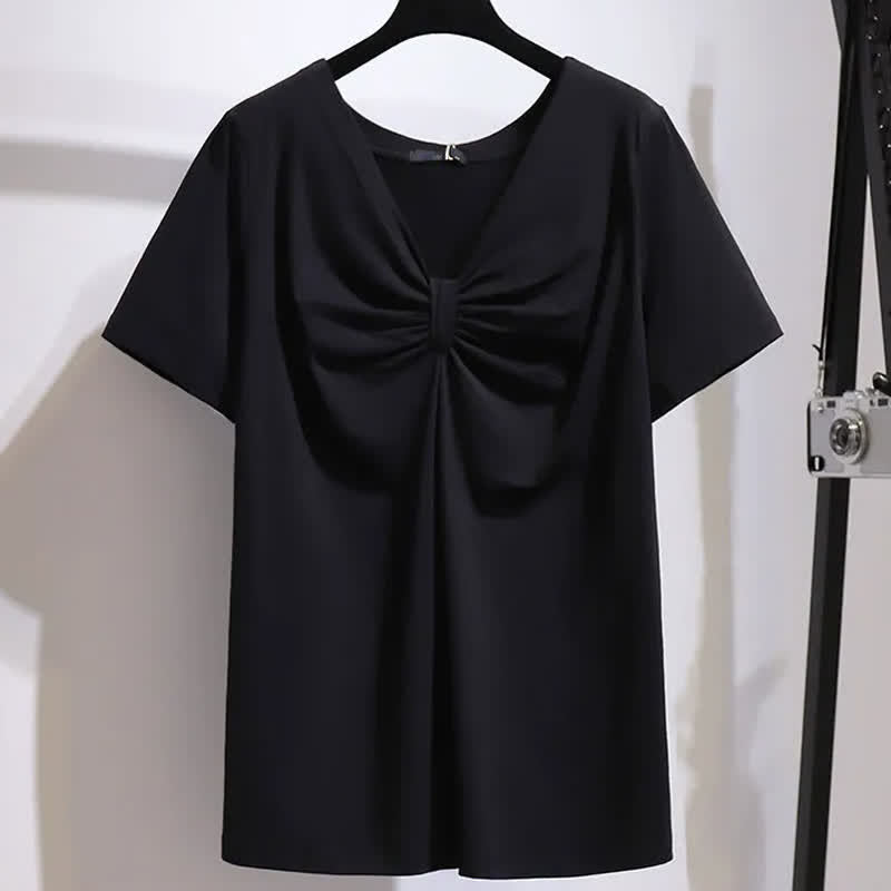Plus Size Twist Front V Neck Cotton Stretch Blouse - image 1